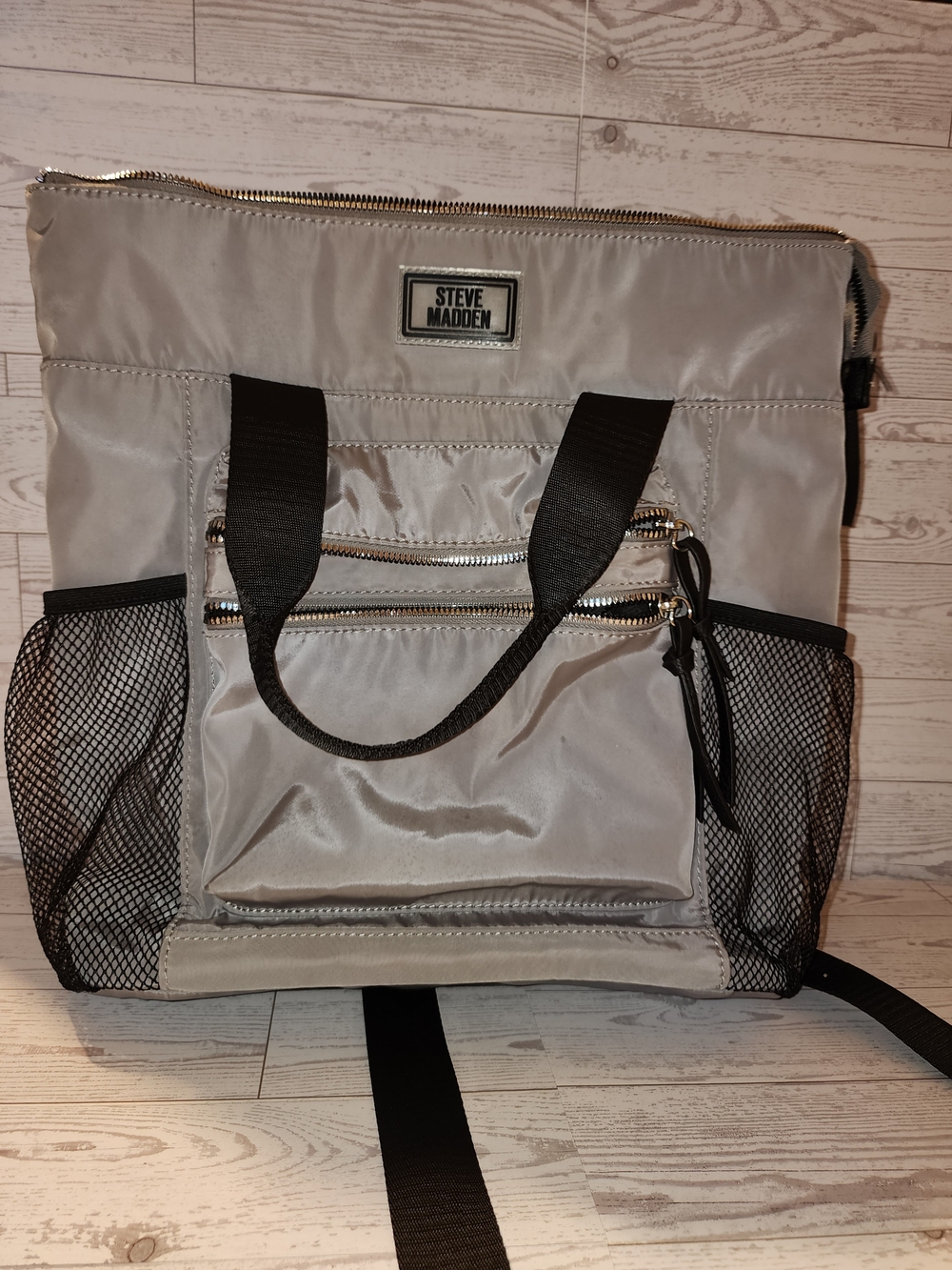 Steve Madden Silver Nylon Utility Tote Bag | Lightweight Multi-Pocket Shoulder B